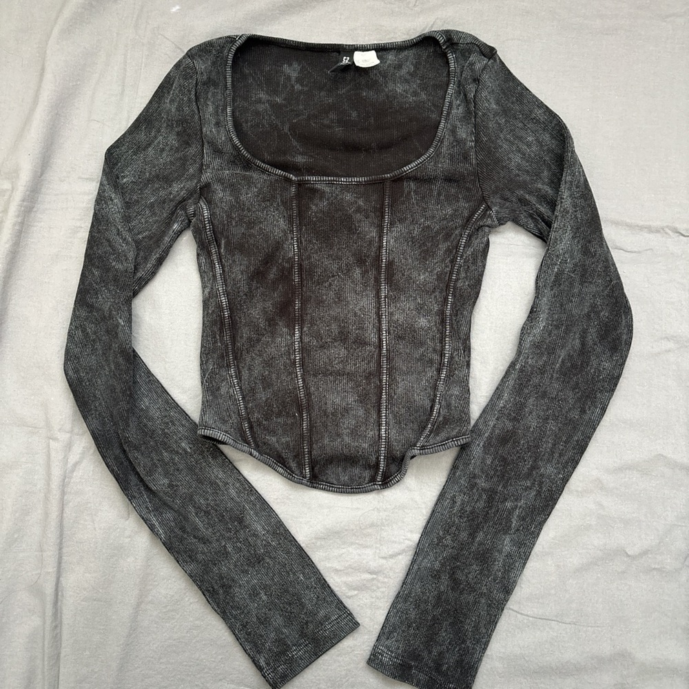 Women's Black Acid-Wash Long Sleeve Corset Top